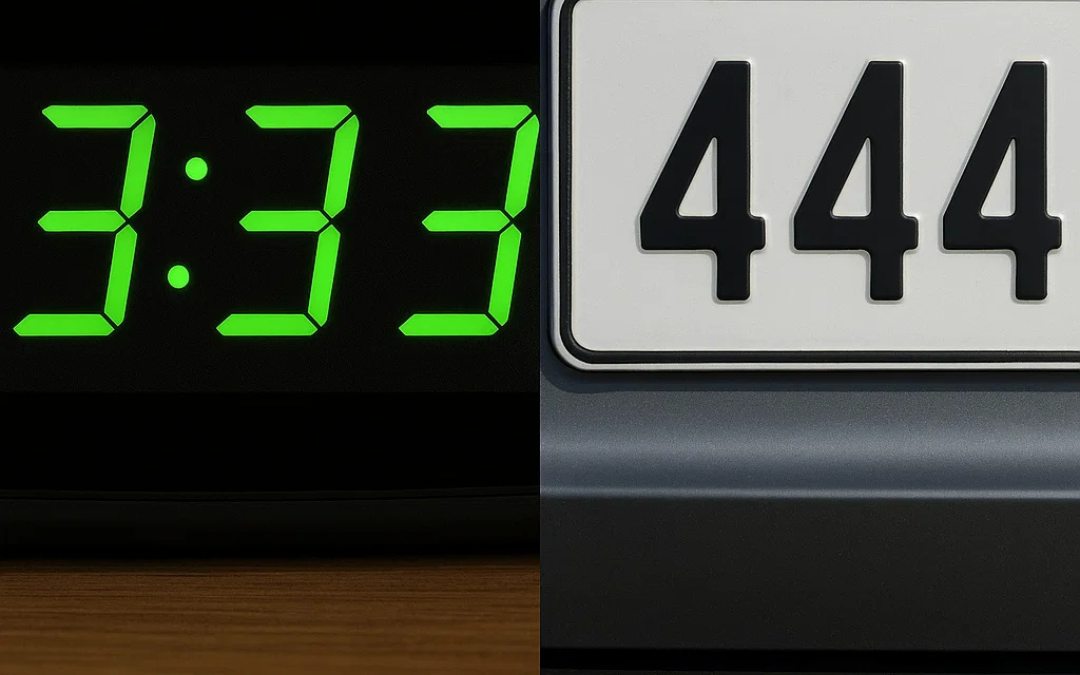 Angel numbers 333 and 444 appearing on a clock and number plate as spiritual signs