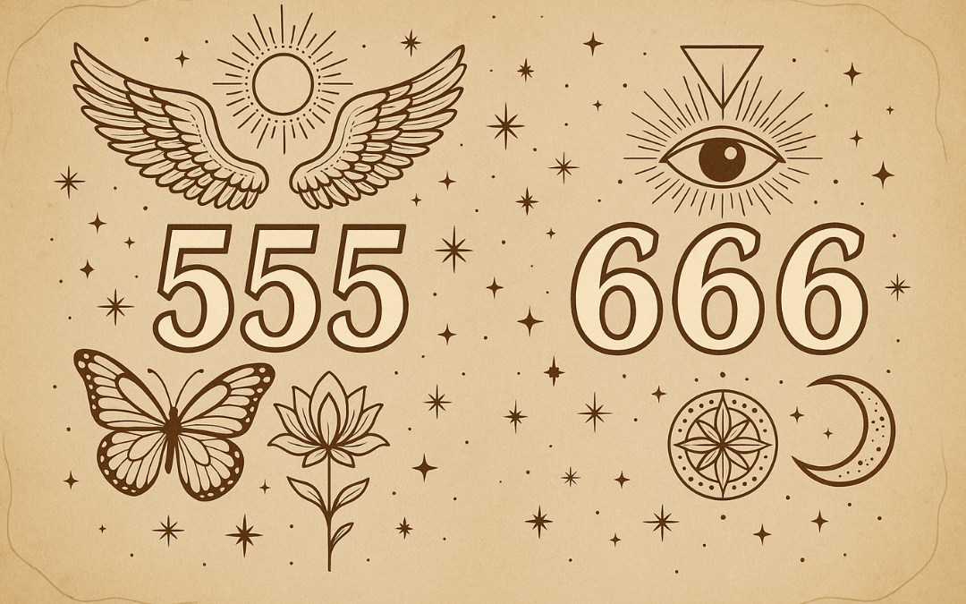 Angel numbers 555 and 666 with spiritual symbols representing transformation and balance