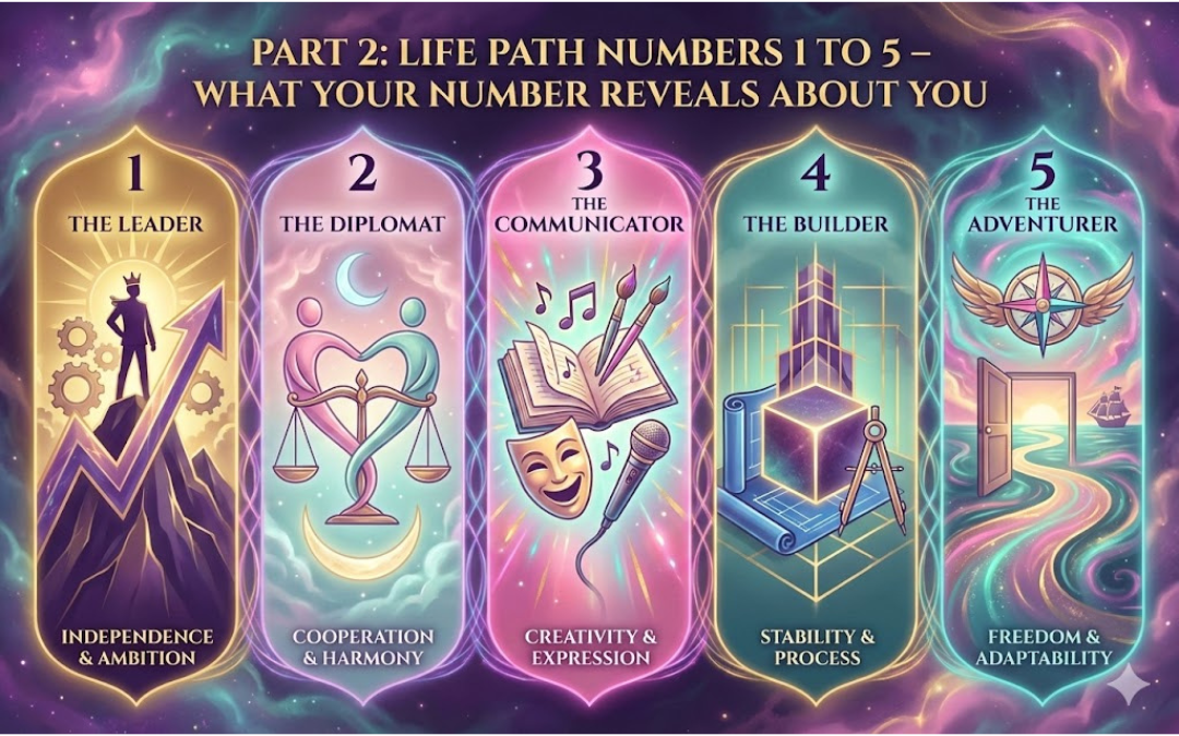 Illustration of Life Path Numbers 1 to 5 with numerology symbols and tarot-inspired imagery