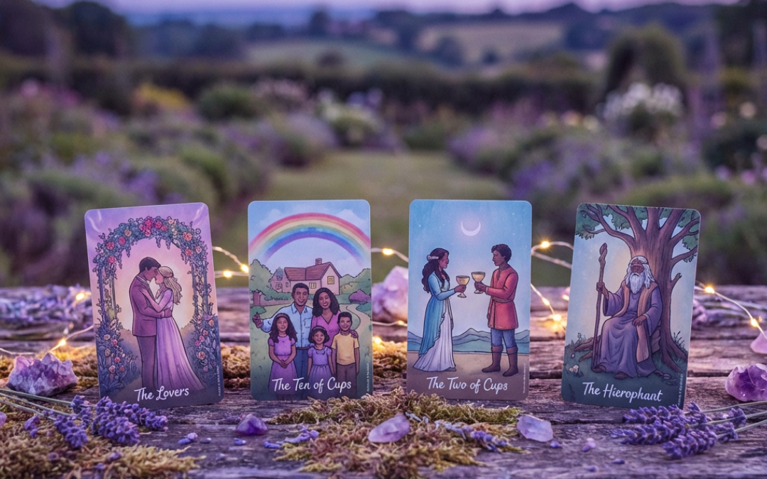 Tarot cards The Lovers, Two of Cups, Ten of Cups and The Hierophant arranged in a romantic love reading setup with candles and crystals