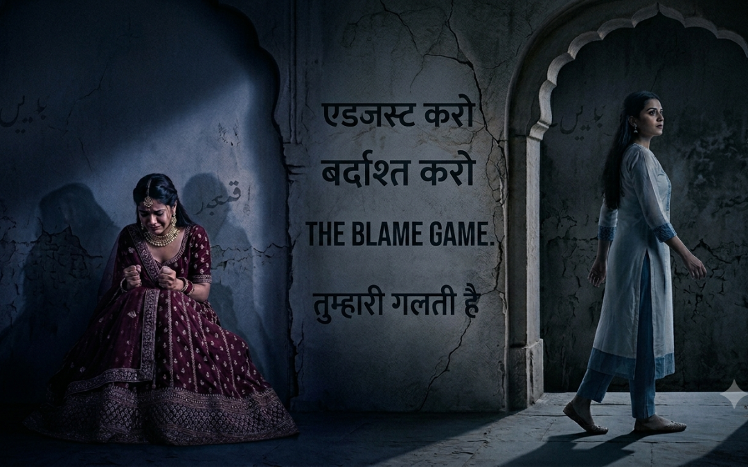ngo-illustration-Artboard 5 Illustration showing a distressed bride sitting alone while another woman walks away, with text reading 'Adjust Karo, Bardasht Karo, The Blame Game, Tumhari Galti Hai', highlighting societal pressure, victim blaming, emotional abuse, and challenges faced by women in marriage.
