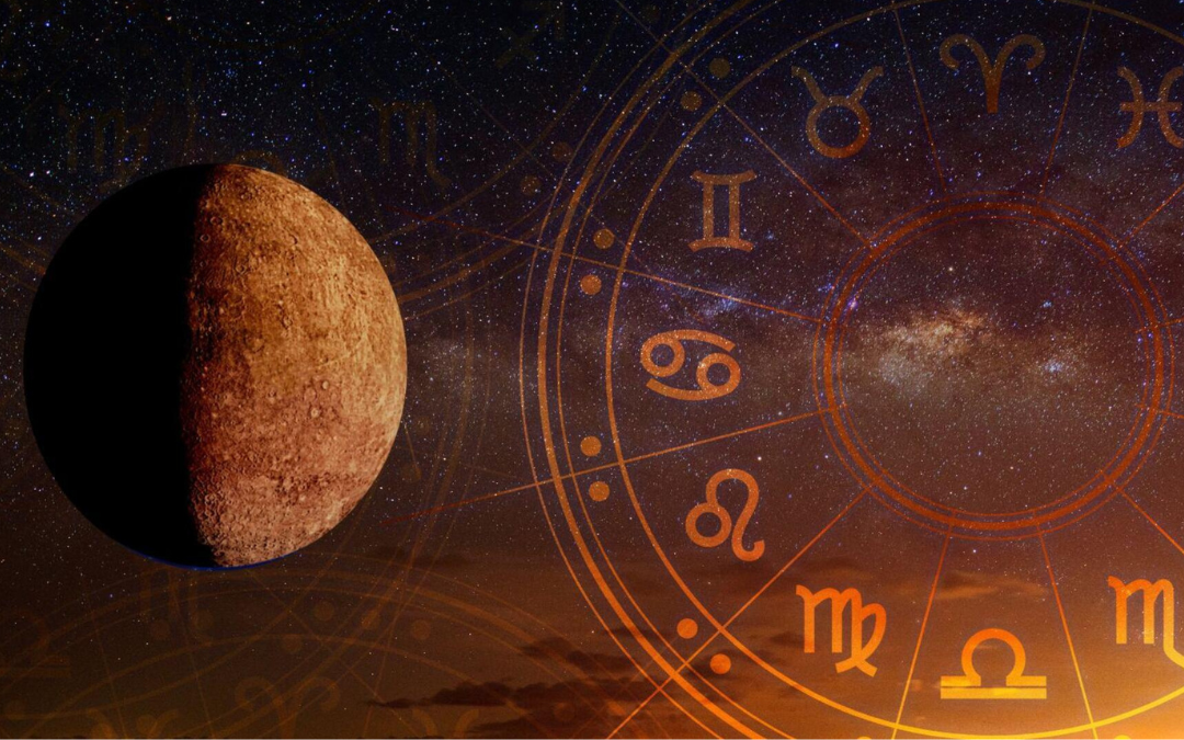 Planet Mercury against a starry sky with zodiac symbols representing Mercury Retrograde 2026 and its influence on communication, relationships, and spiritual growth.