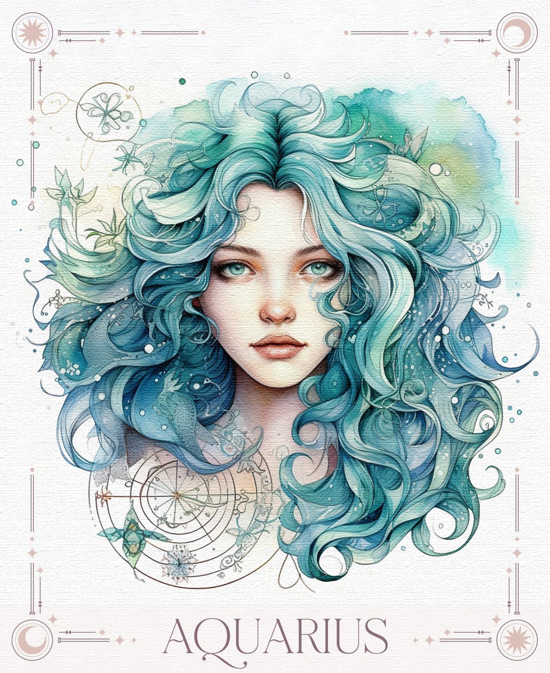 Aquarius zodiac sign illustration with flowing turquoise hair, weekly tarot prediction