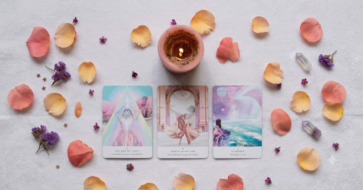ngo-illustration-Artboard 5 A comforting tarot and oracle card reading setup featuring a lit candle surrounded by scattered flower petals and crystals. The three cards display ethereal imagery, symbolizing the profound inner reflection and quiet discovery of human dignity