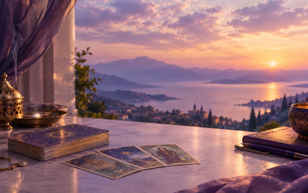 Tarot cards arranged on a marble table overlooking a serene sunset landscape, symbolising reflection and guidance for life decisions.